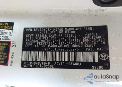 2009 Toyota Camry z USA, uszkodzony, nr VIN 4T1BE46K29U808975